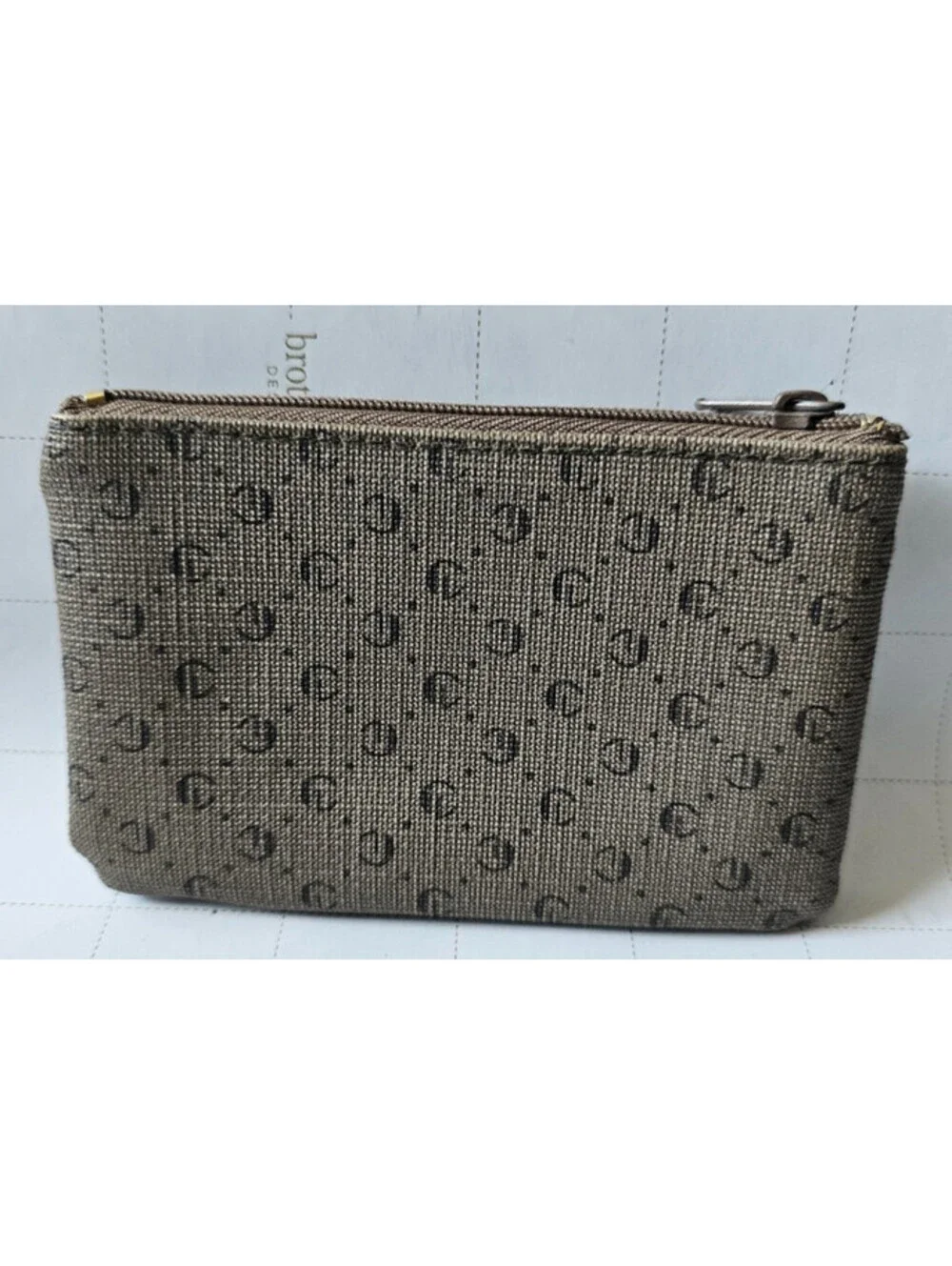 Vintage Monogram Coin Pouch Zip Change Purse Brown Canvas Wallet Small